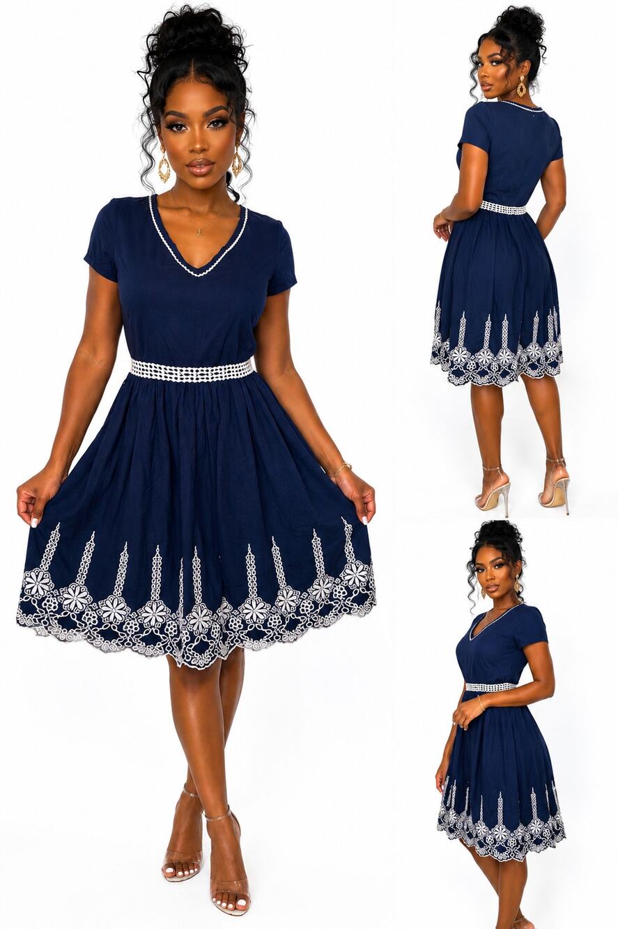 VTG De Collection Navy Blue White Embroidered Fit & Flare Dress M Cottagecore